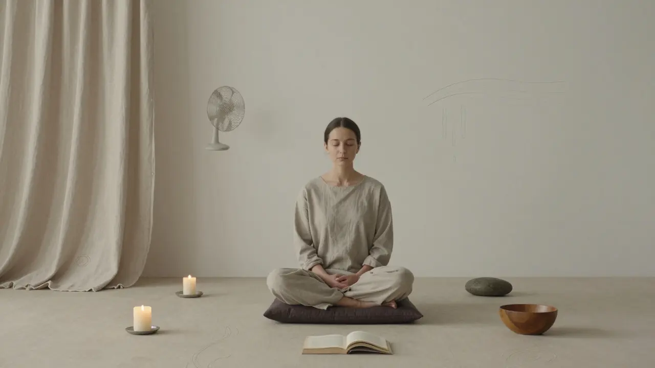 Osoba sedí v klidu, kolem ní pět předmětů, čtyři zvuky a tři doteky znázorněny jemnými čarami, klidné prostředí.