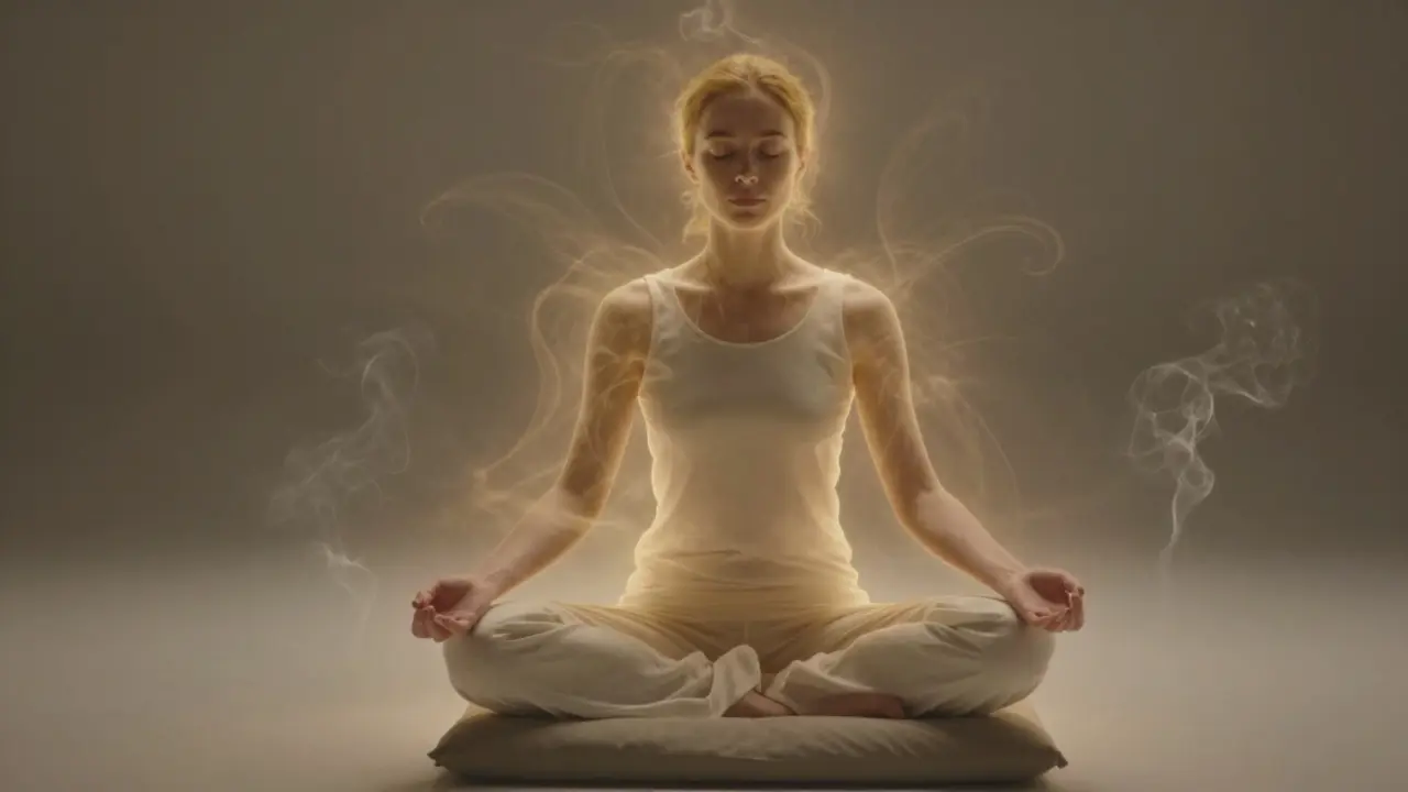 Osoba v meditaci s jemným zlatým zářením kolem těla.