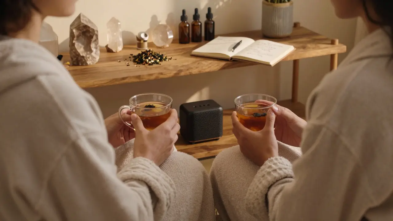 Pár po masáži poslouchá dýchací cvičení doma, obalení v plátně, v klidném, teplém prostředí.