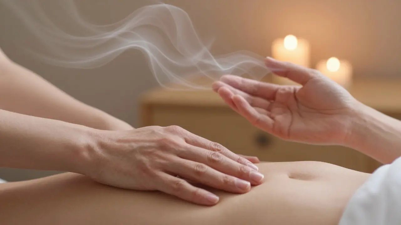 Ruce provádějí dechovou techniku 4-7-8, jedna na břiše, druhá v klidné pozici, jemné vlny dechu ve vzduchu.