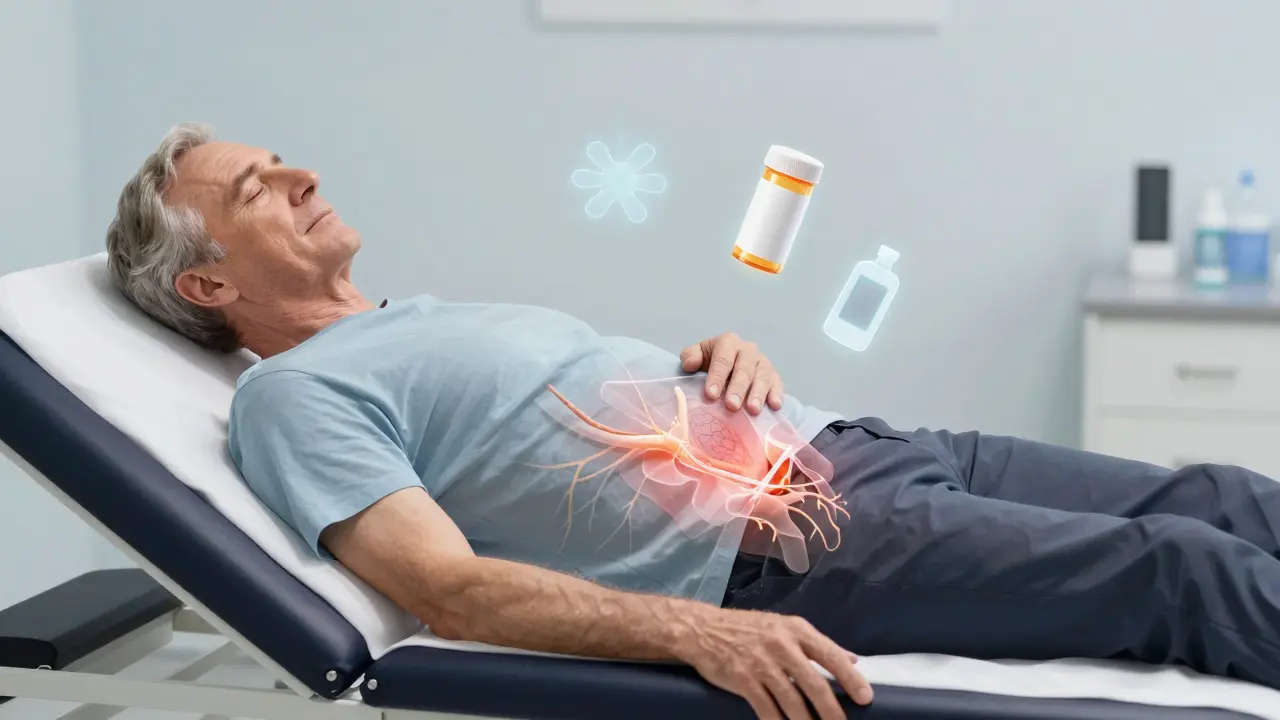 Starší muž na vyšetřovací lžíci, s přehledem poškozených nervů a léků, které mohou způsobit zpožděnou ejakulaci.