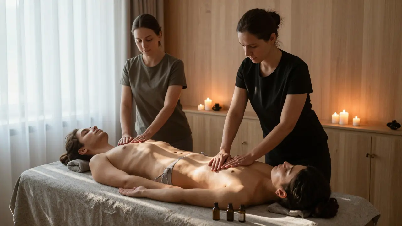 Terapeutky masírují pár v klidném prostředí s kandlem a kameny, bez jakéhokoli tlaku.