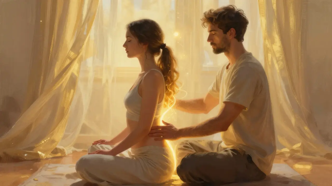 Dvojice dýchá společně, ruka na břiše, ruka na zádech, jemné světlo a zářící energie mezi těly.