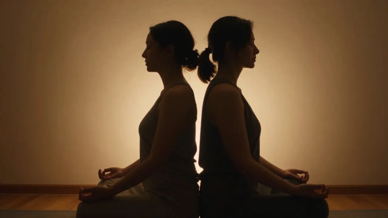 Dvojice medituje zády k sobě, sdílejí tichou energetickou spojenost.