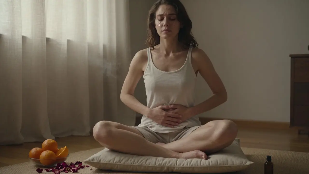 Žena sedí v klidu s otevřeným tělem, slzy na tváři, v klidném, meditativním prostředí.