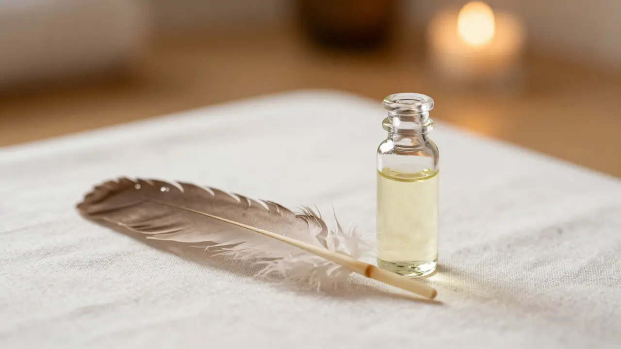 Detail pštrosího peřištička a oleje na čistém lněném povrchu.