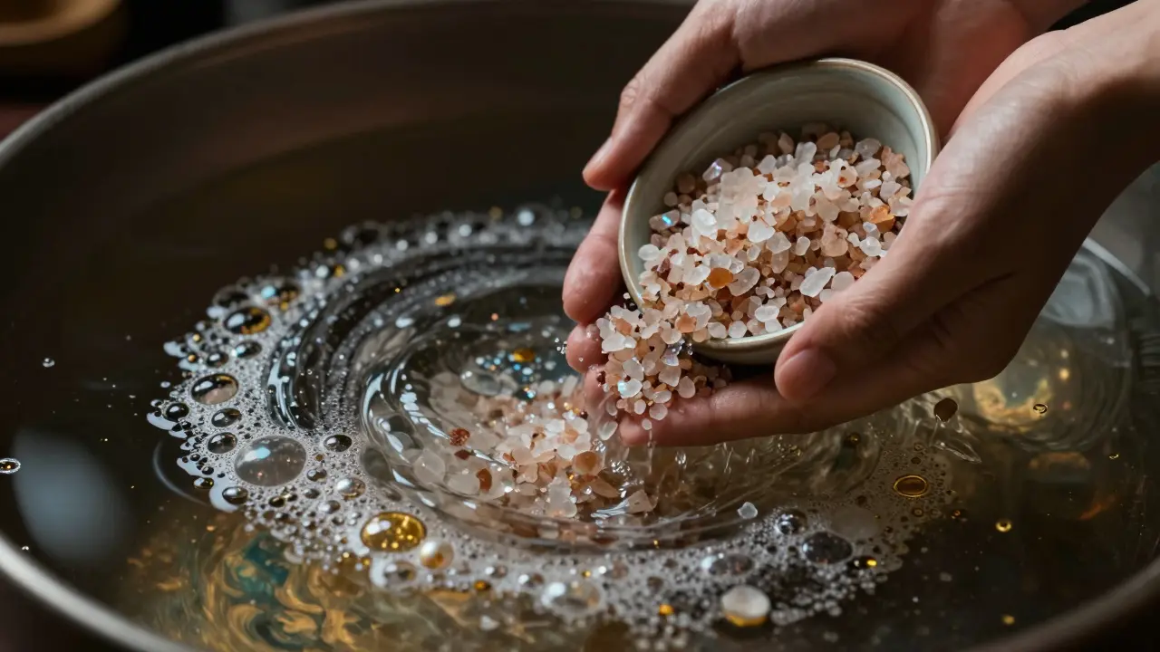 Detail ruky sypoucí mořskou sůl do teplé vody s esenciálními oleji.