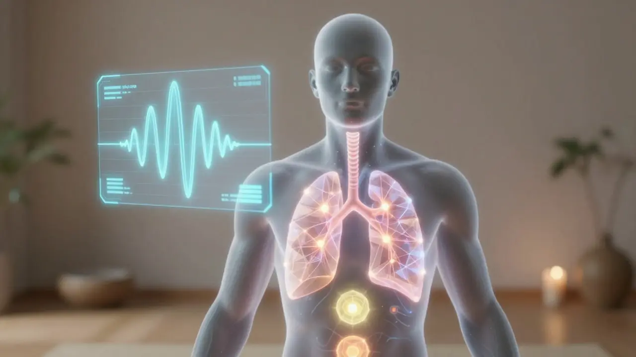 Holografické zobrazení rytmu dechu a energetických center lidského těla.