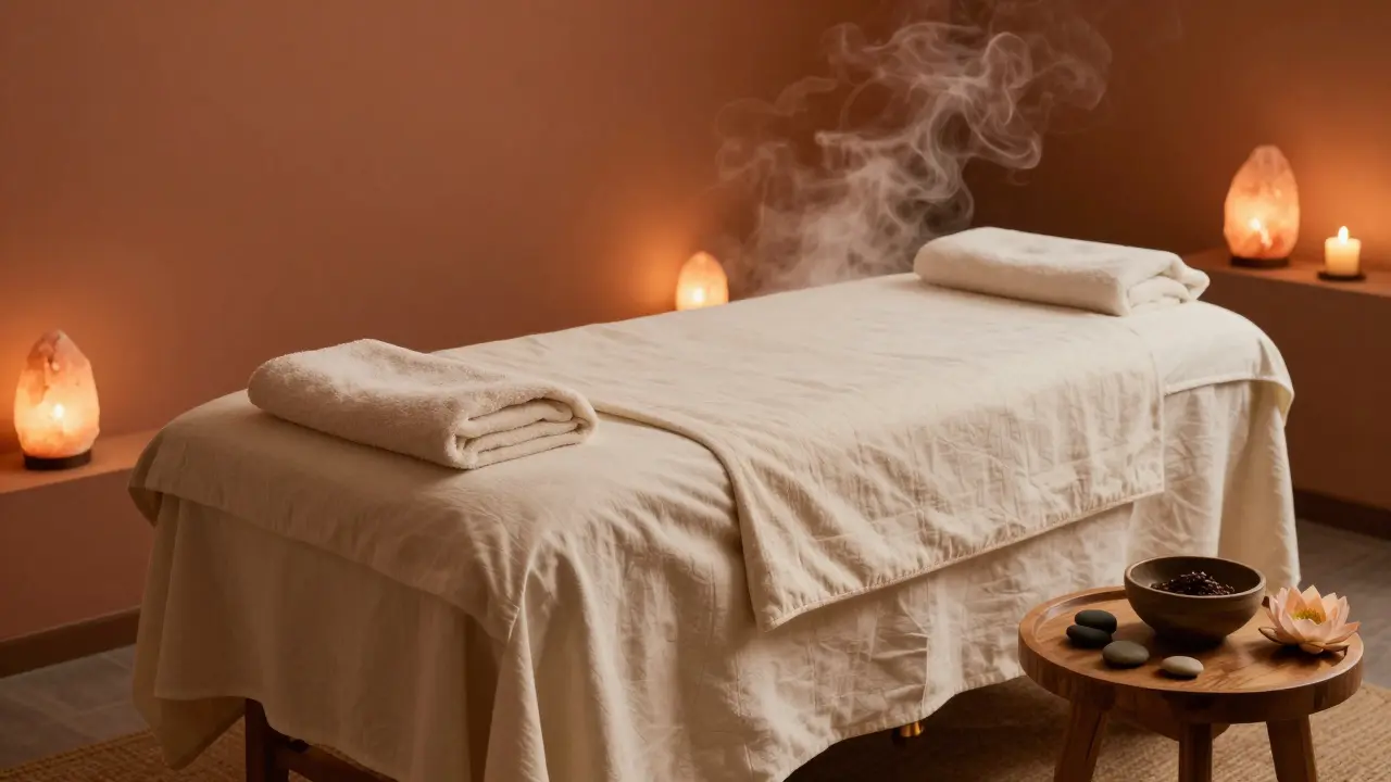 Klidný a teplý interiér wellness prostoru s masážním stolem, svíčkami a aromatickými oleji.