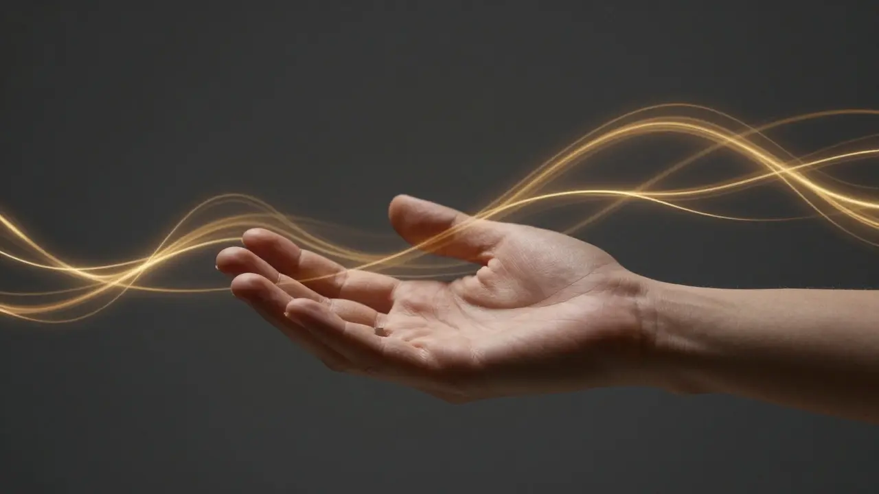 Konceptuální obraz rukou a zlatých proudů energie symbolizující bezpečný terapeutický prostor.