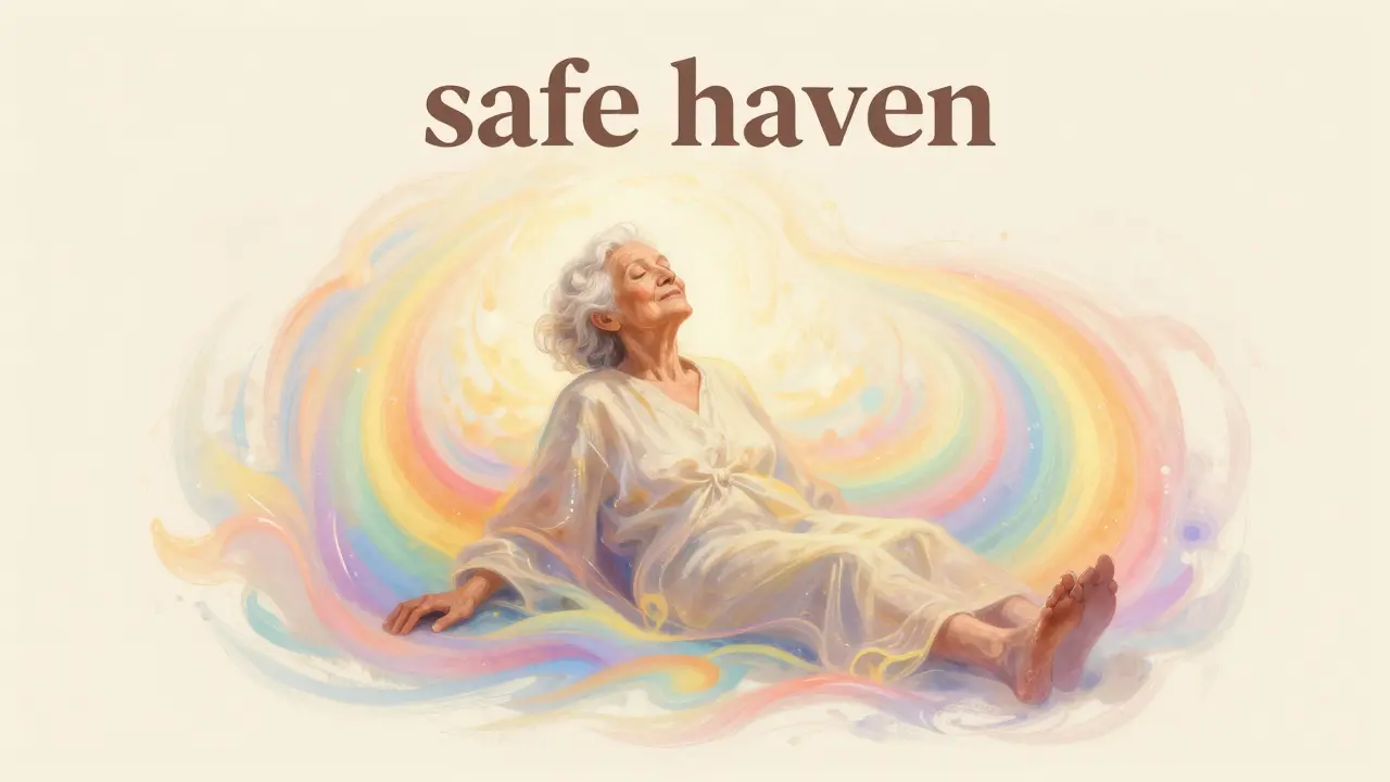 Konceptuální obraz seniora v okolí jemných duhové barev symbolizujících přijetí.