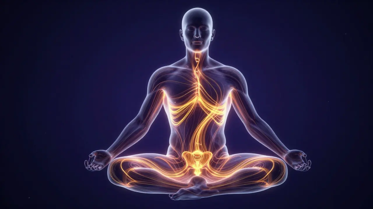 Konceptuální zobrazení proudění energie z pánve skrze páteř do celého těla.