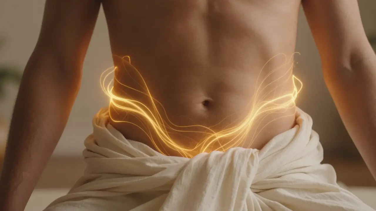 Konceptuální zobrazení zlaté energie proudící v oblasti pánve muže.