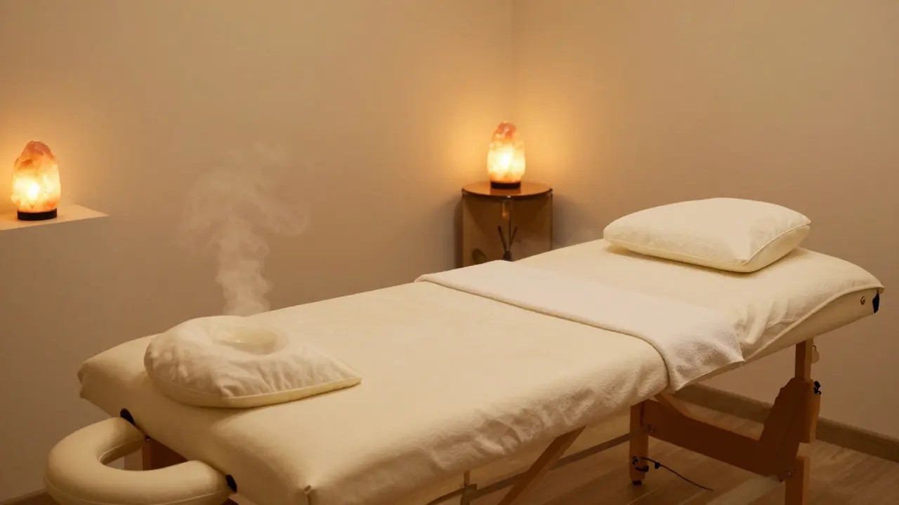 Kvalitně připravená masážní místnost s ergonomickými podložkami a teplým osvětlením.