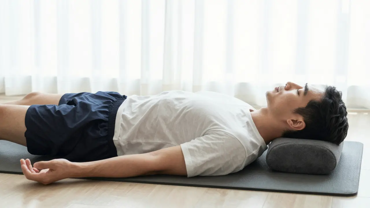 Muž v uvolněné poloze na masážním stole s výrazem hlubokého klidu.