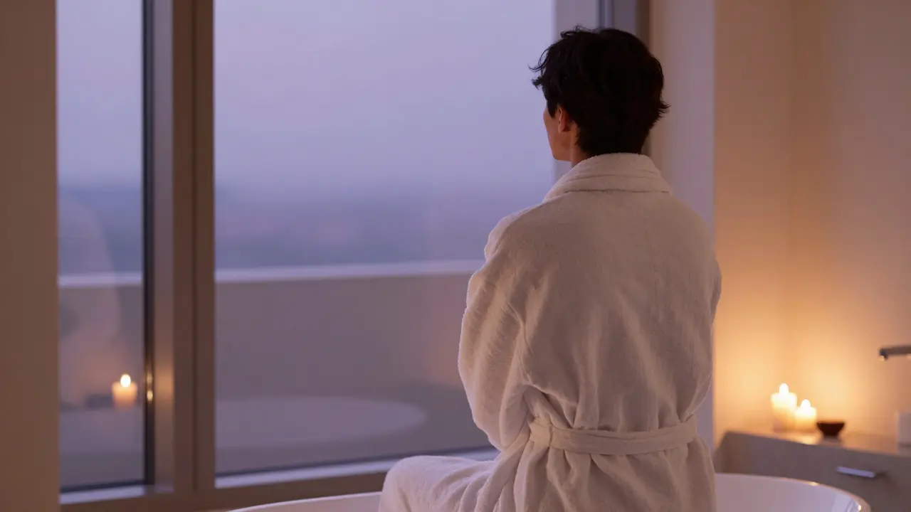 Osoba v bílém županu v pokojném prostředí po tantrickém rituálu.
