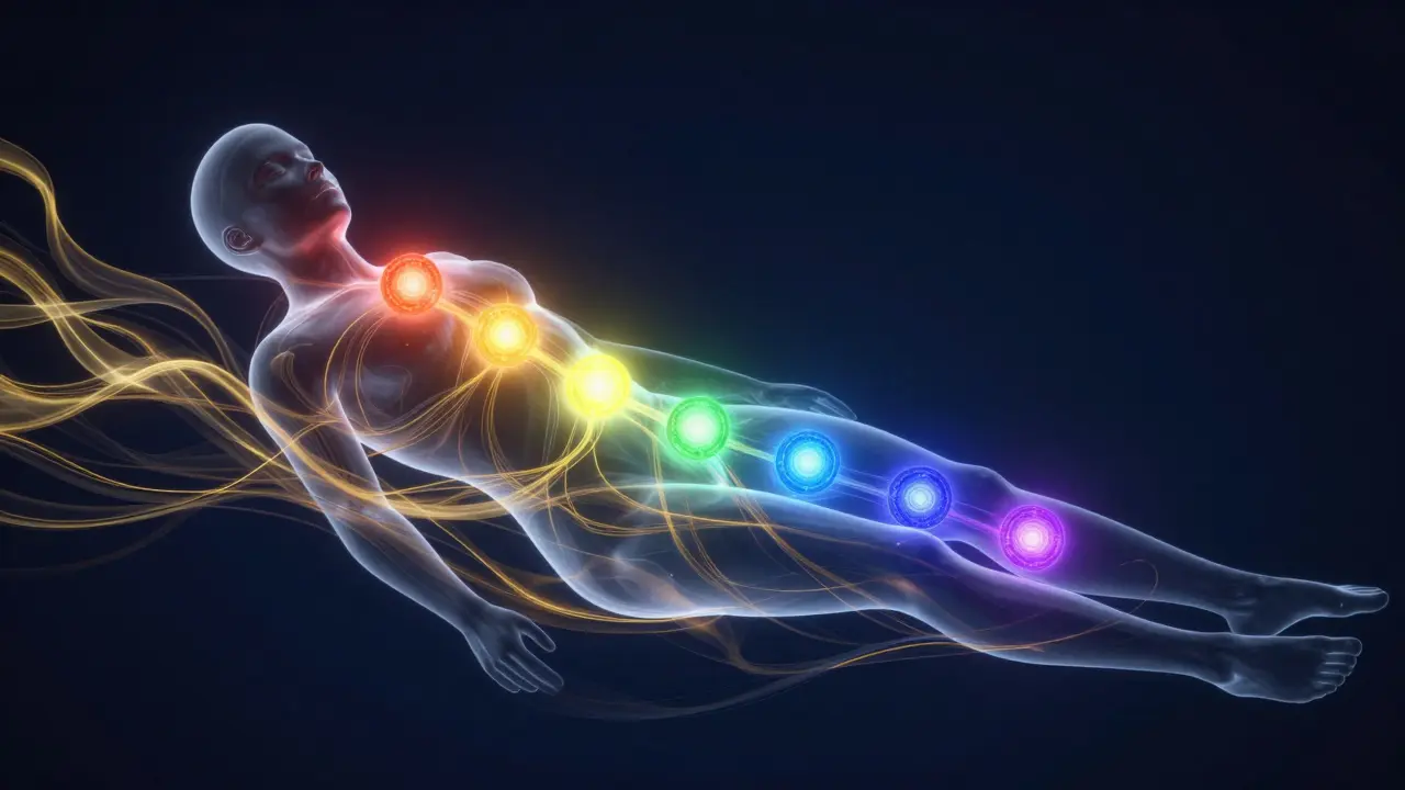 Silueta lidského těla s vyznazněnými svítícími čakrami a proudem zlaté energie podél páteře.