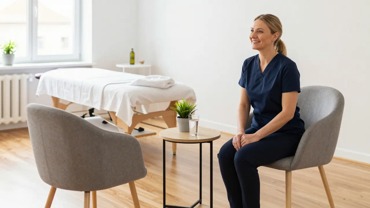 Světlý a moderní interiér inkluzivního wellness studia pro seniory.