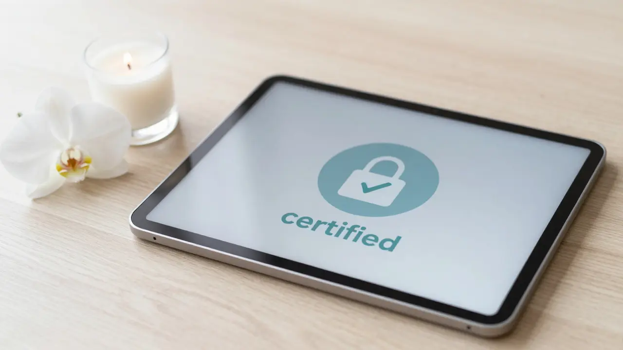 Tablet s ikonou zámku vedle svíčky a orchideje, symbolizující digitální bezpečnost.