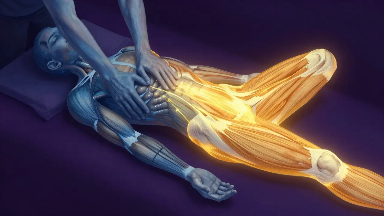 Umělecké srovnání svalového uvolnění a celkového energetického propojení těla a mysli.