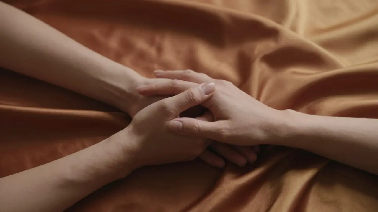 Umělecký detail spletených rukou na hedvábní, symbolizující intimitu a důvěru.