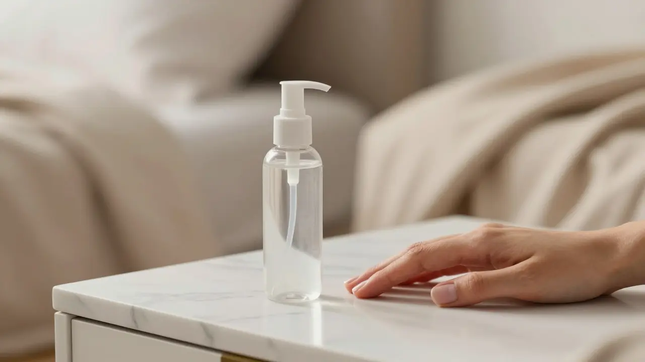 Vodní mazivo na stole v klidné ložnici, symbolizující hygienu a přípravu.