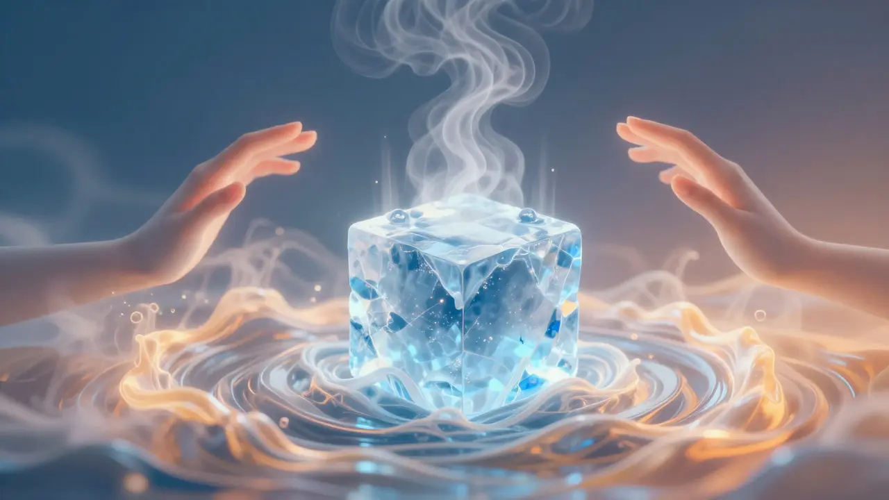 Ice cube melting into steam with hovering hands symbolizing energy release