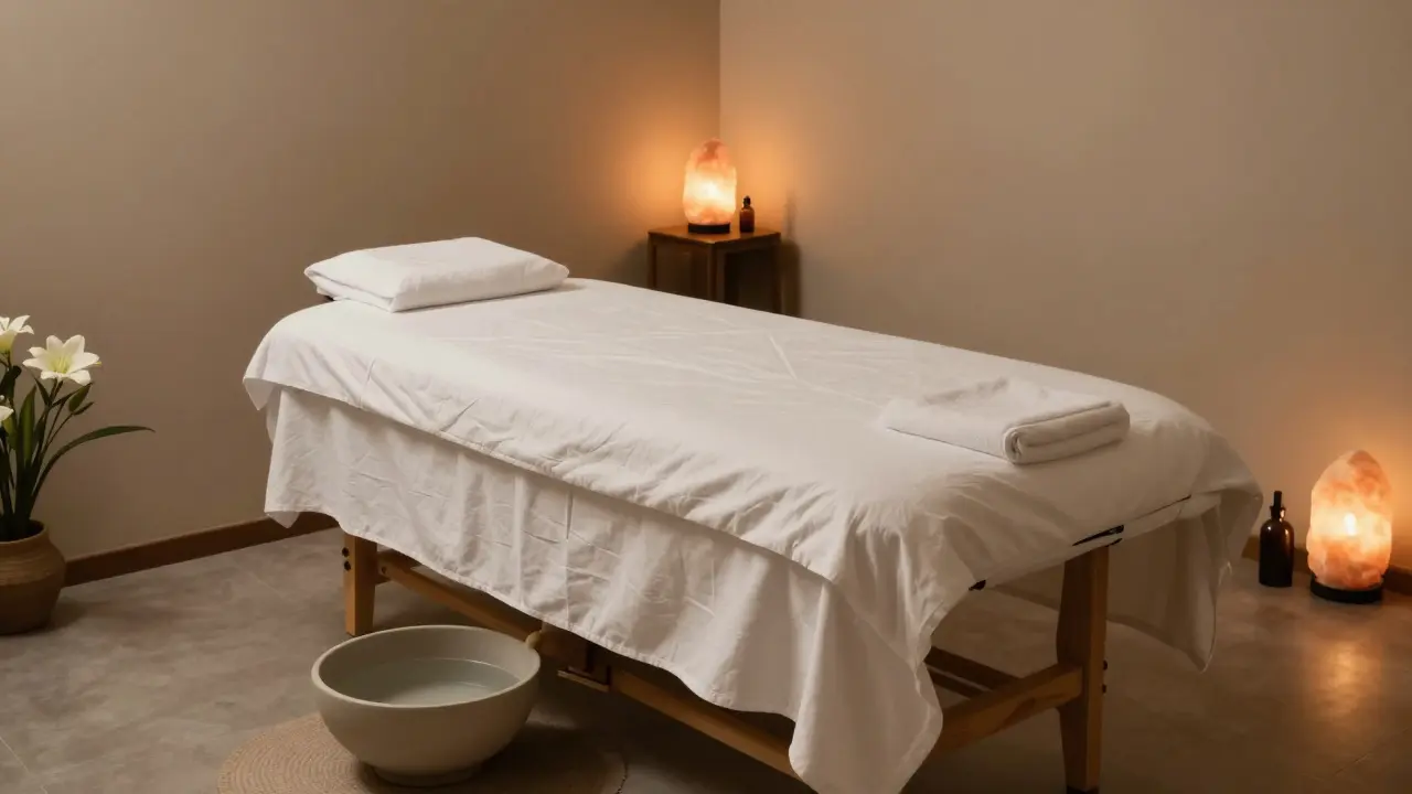 Klidná terapeutická místnost s masážním stolem a rituálními prvky