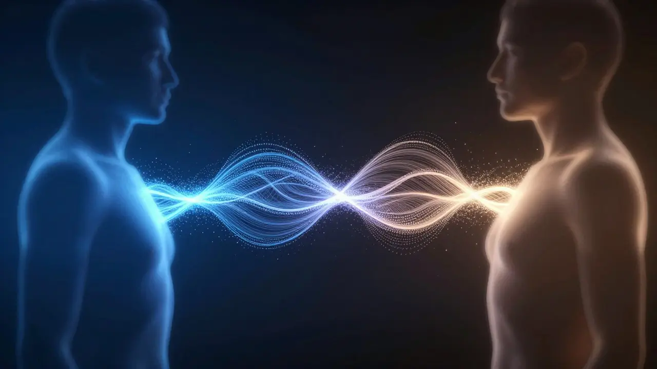 Konceptuální umění zobrazující synchronizaci dechu mezi dvěma postavami prostřednictvím světelných vln.