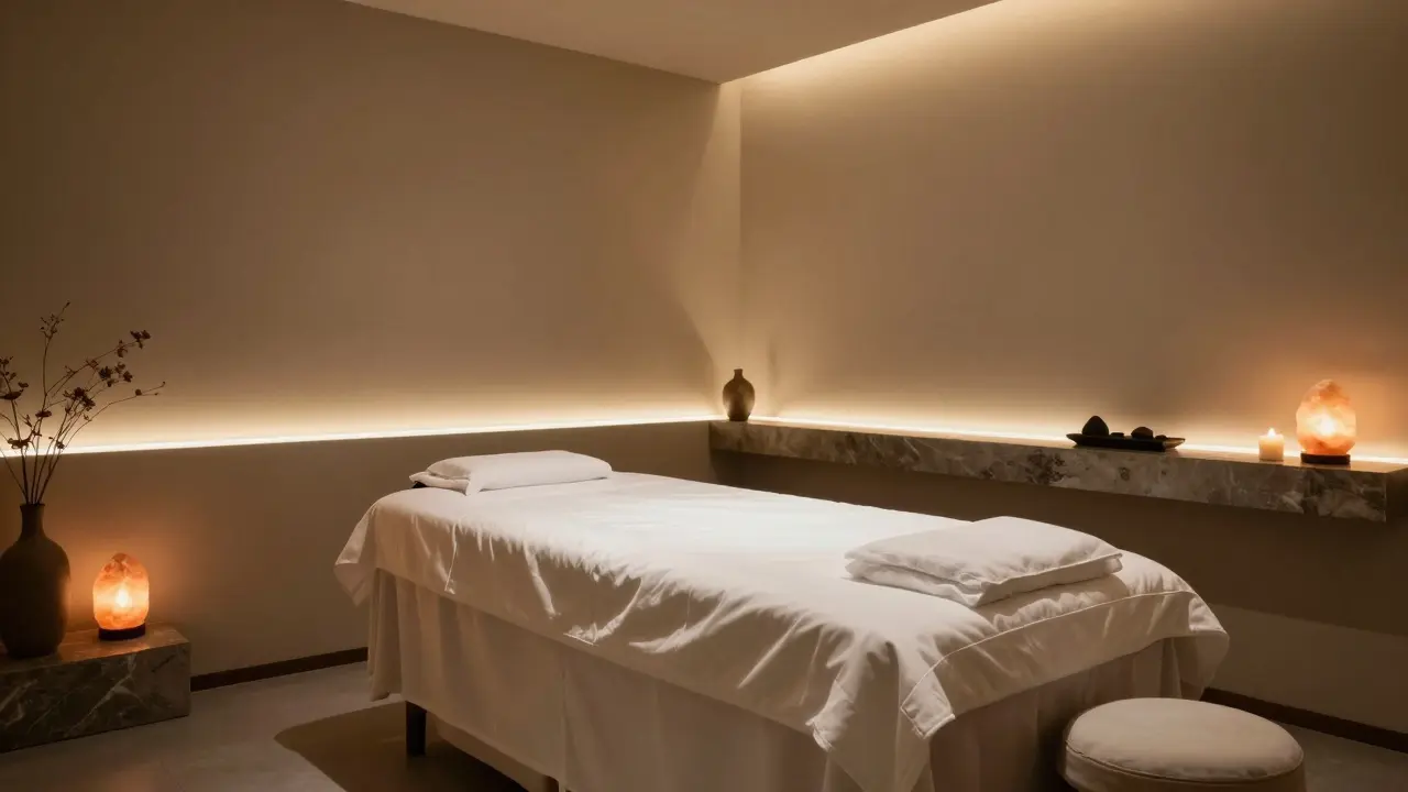 Luxusní a čistá masážní místnost s jemným osvětlením