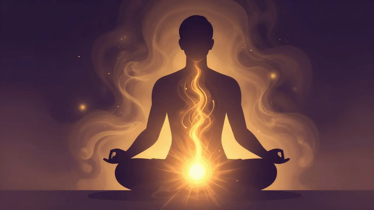 Muž v meditaci s zářící energií vycházející z oblasti pánve