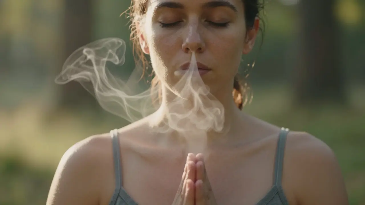 Person meditating with visible breath currents dissolving tension in chest