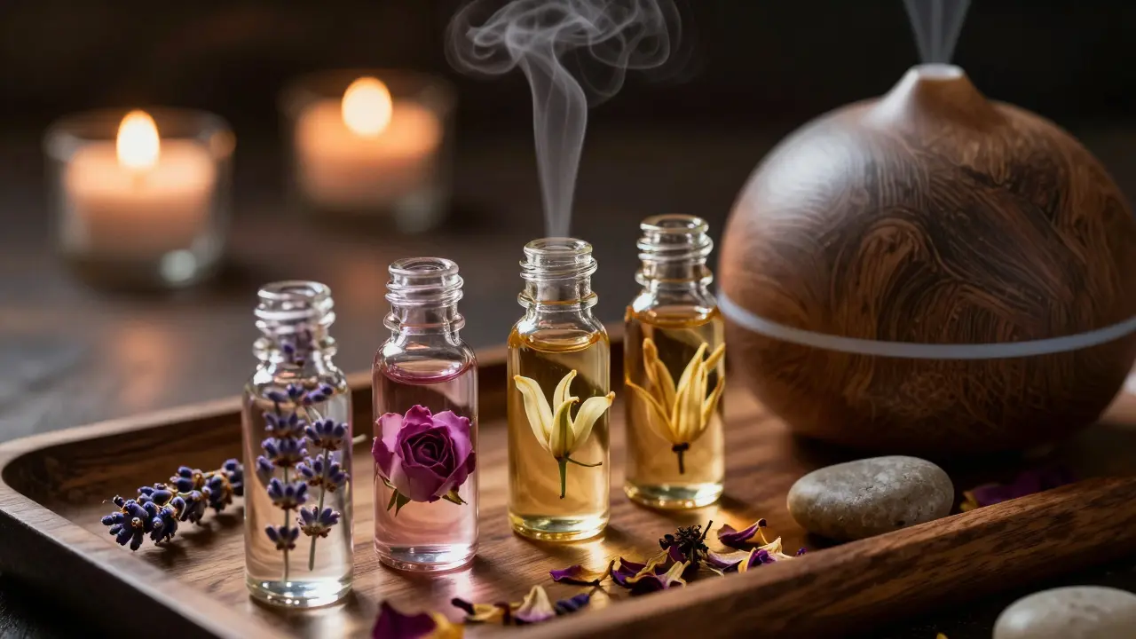 Eterické oleje a difuzér na dřevěném podnose pro aromaterapii