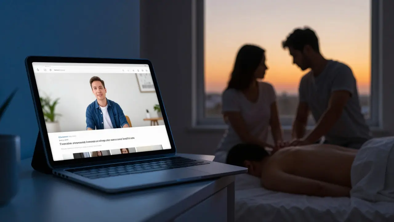 Tablet s videonávodem vedle páru cvičícího masáž na posteli.