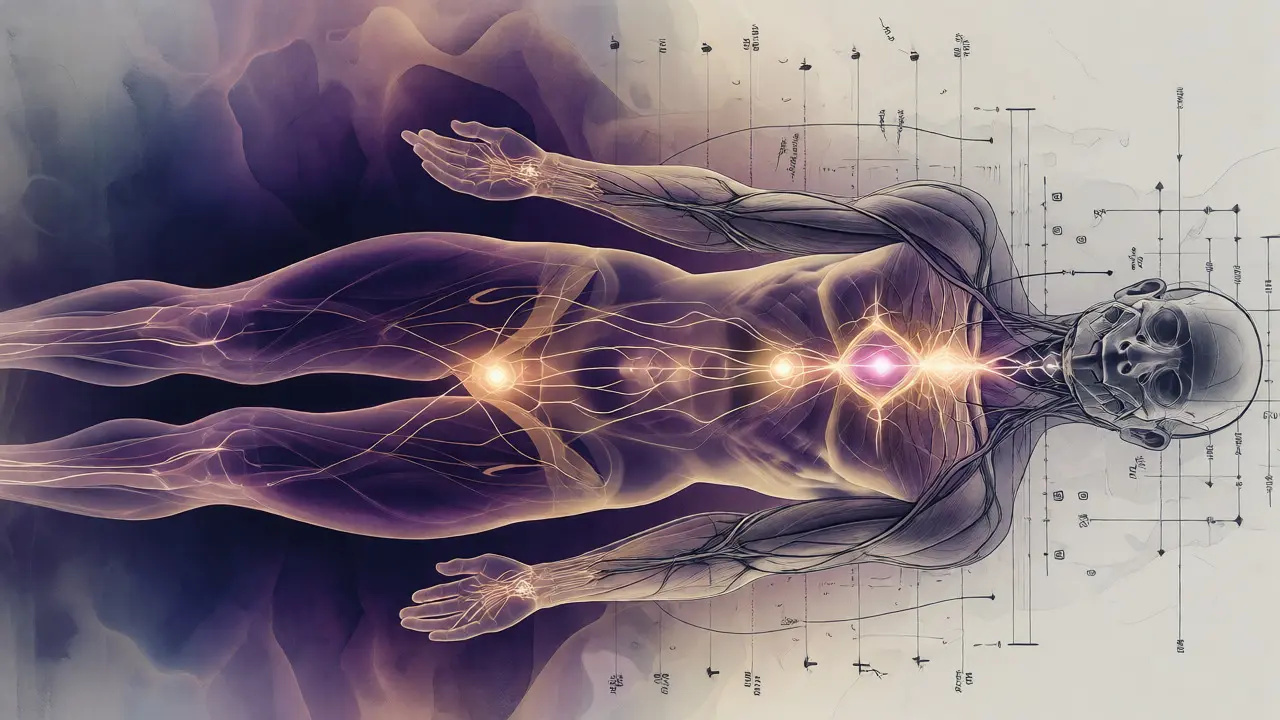 Umělecká ilustrace spojující lidskou anatomii s energetickými body a čakrami.