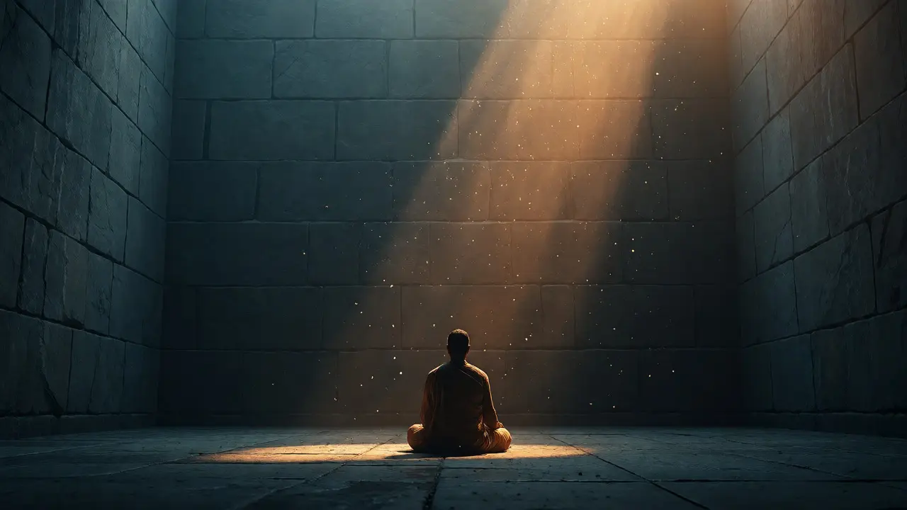 Praktikující v meditaci při úsvitu, symbolizující vytrvalost praxe