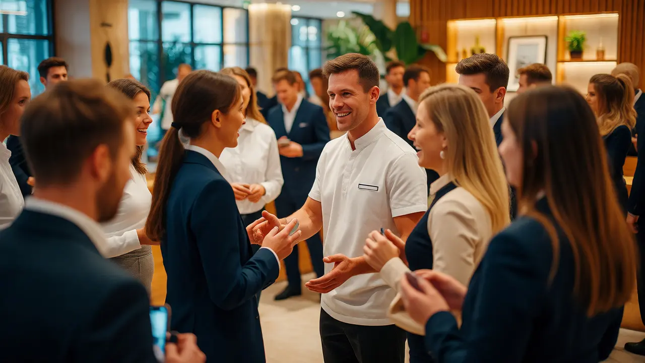 Profesionální masér vítá klienty v luxusním wellness hotelu.