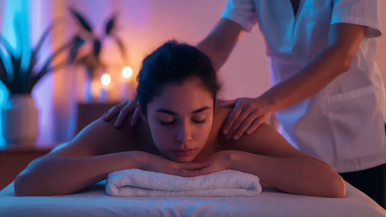 Relaxující osoba na masážním stole s terapeutem