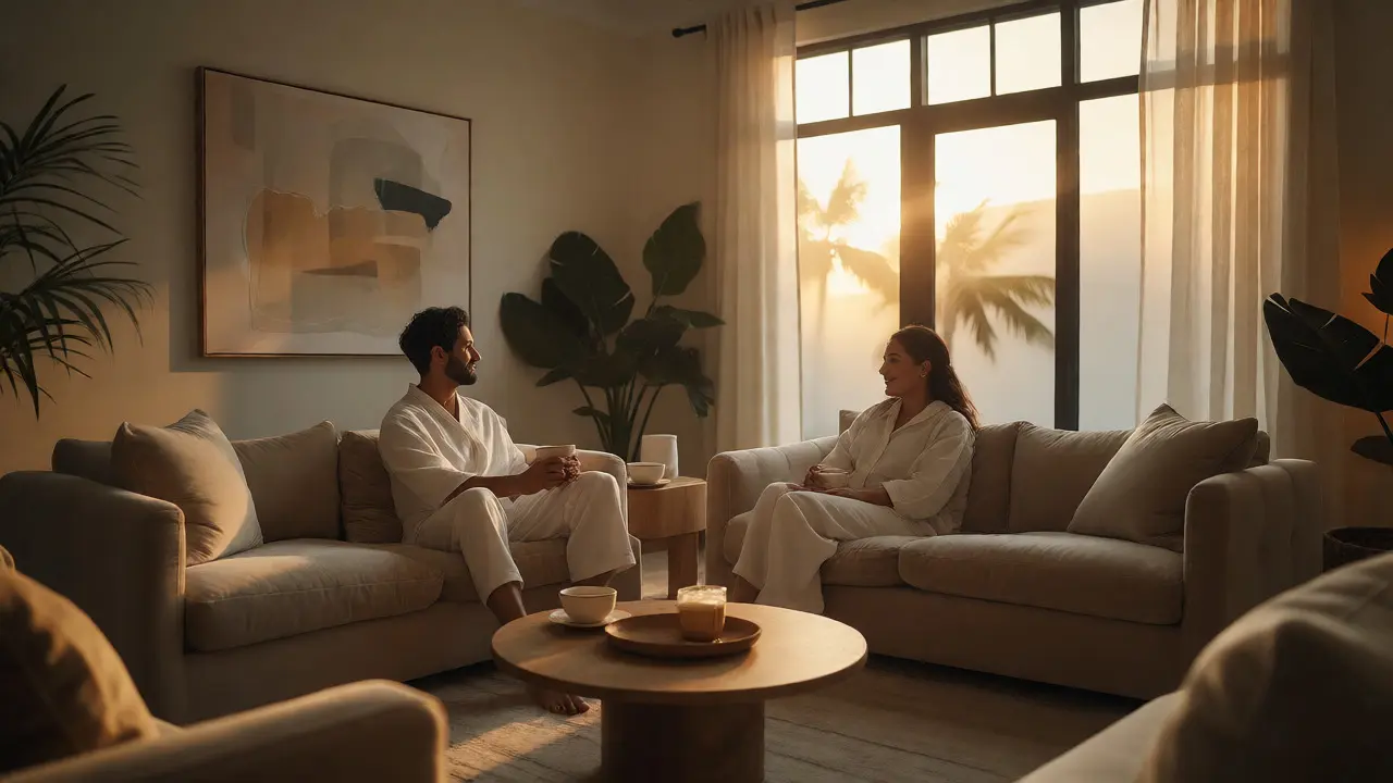 Relaxující pár s čajem v lounge zóně po tantrické masáži